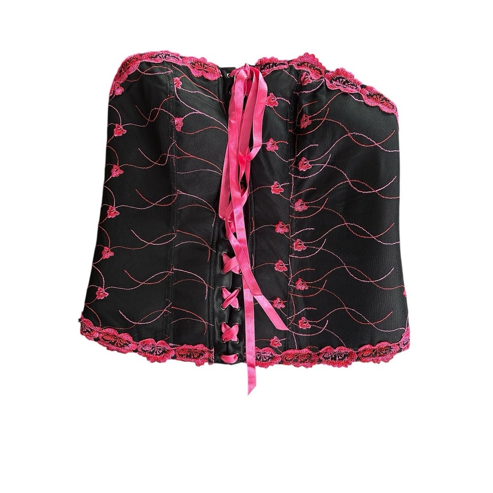 Cacique Strapless Lace Up Corset Black Pink Embroidered 18 20 Fairy Whimsy Fem - Picture 1 of 7